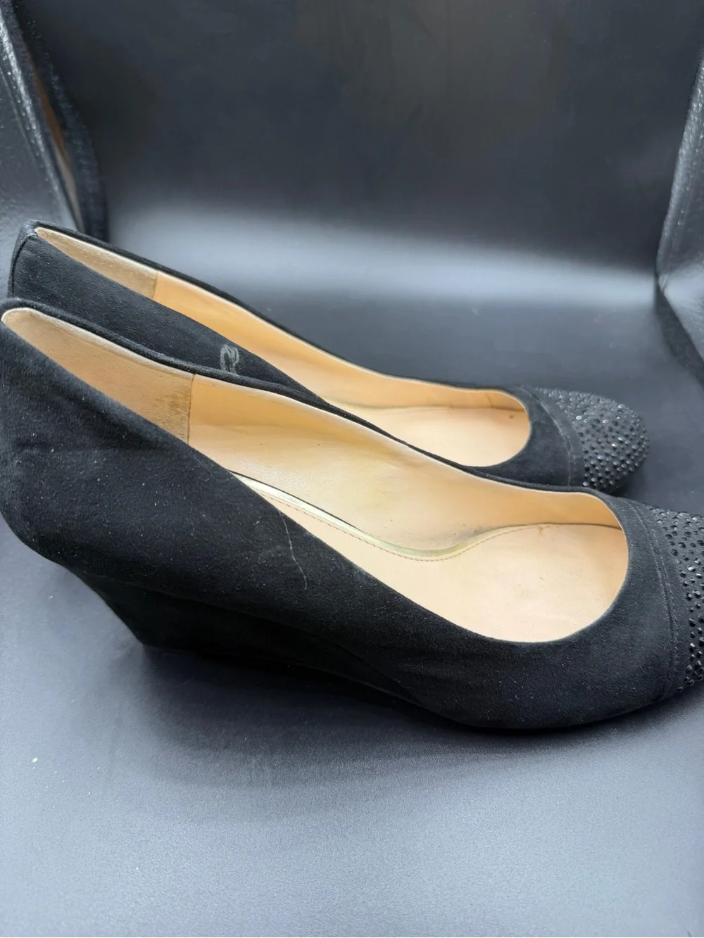 Jessica Simpson Black Suede Crystal-Embellished Pointed Toe Flats